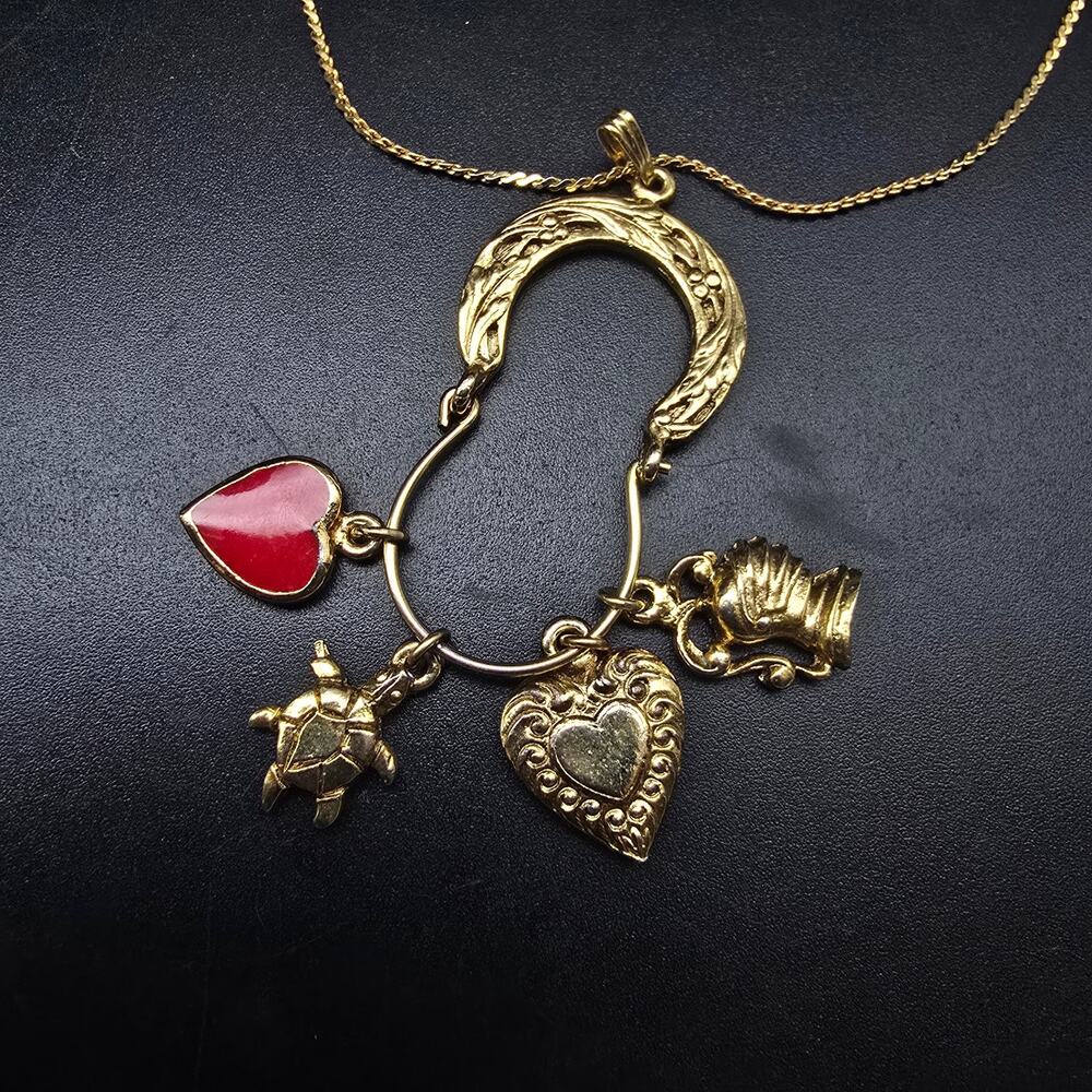 Vintage Charm Holder Pendant Necklace Gold Tone Heart Turtle